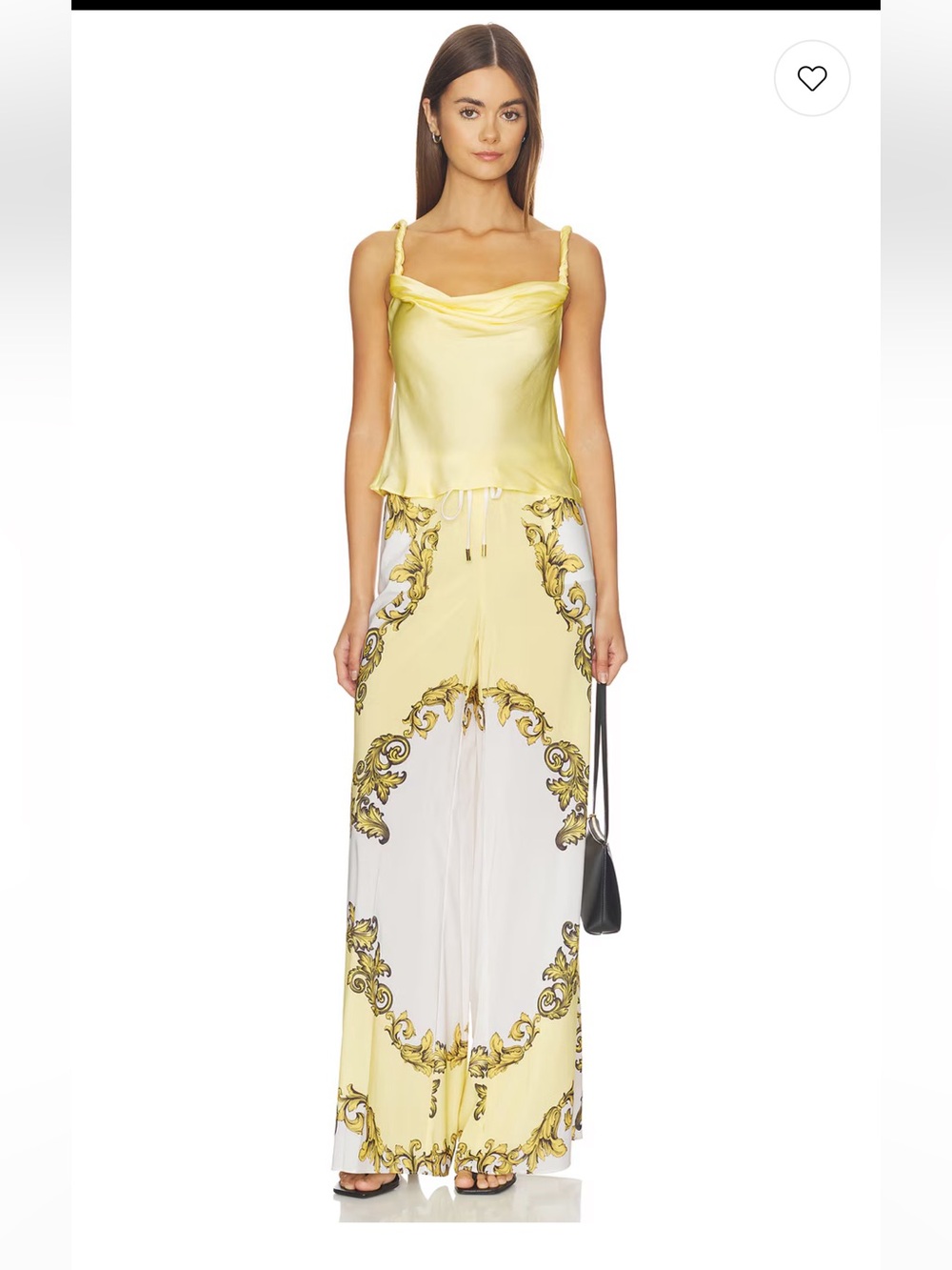 Alice + Olivia New Yellow Satin Cowl Neck pants with Baroque Print.